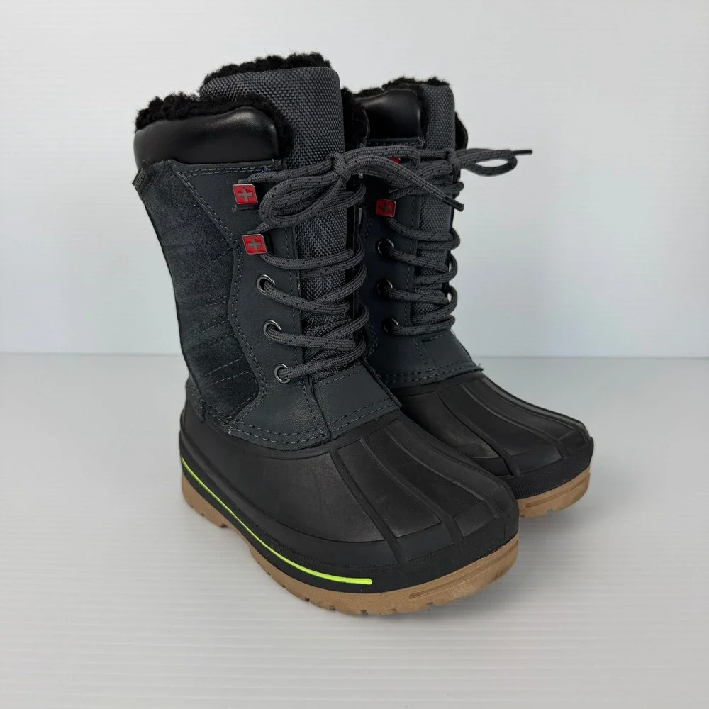 Swiss Tech Kids Winter Snow Boots Grey Black Neon Yellow Waterproof Size‎ 10